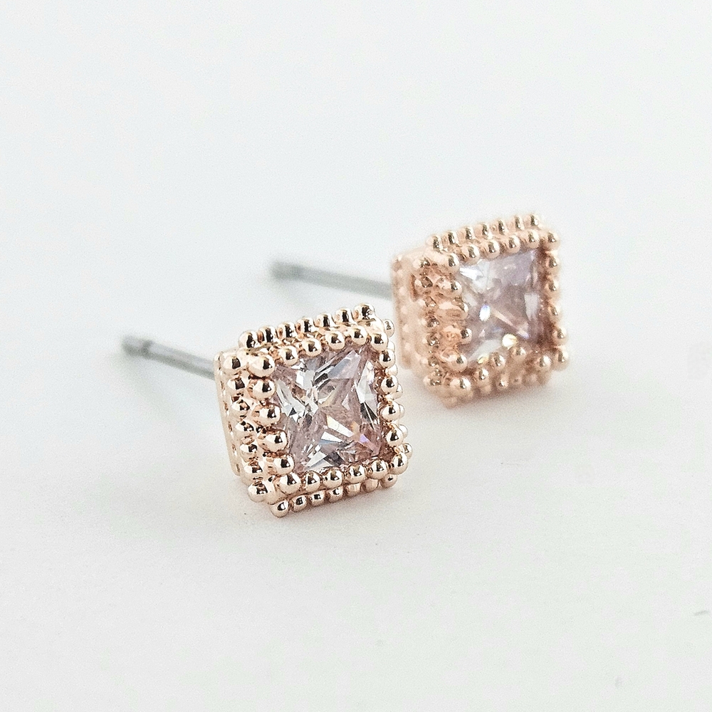 Cubic Zirconia Stud Earrings, 6mm, Rose Gold Plated Princess Cut Post Earrings